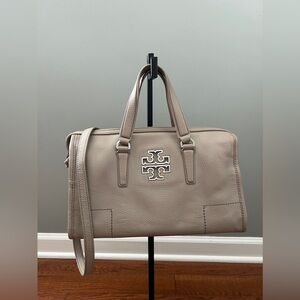 TORY BURCH GREY PEBBLED LEATHER 'BRITTEN' SATCHEL BAG